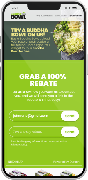 Iphone mockup displaying a landing page from Buddga Bowl, offering a rebate in exchange for a review..