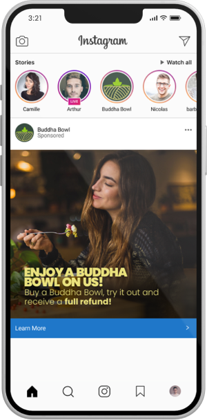 Iphone mockup of social media page, displaying an ad from Buddha Bowl.